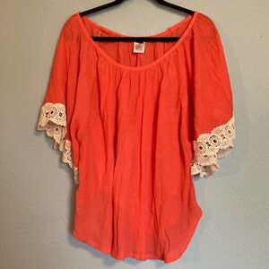 Wrangler Womens Size L Coral Circle Cut Flowy Gauzy Blouse Top Lace Crochet Trim
